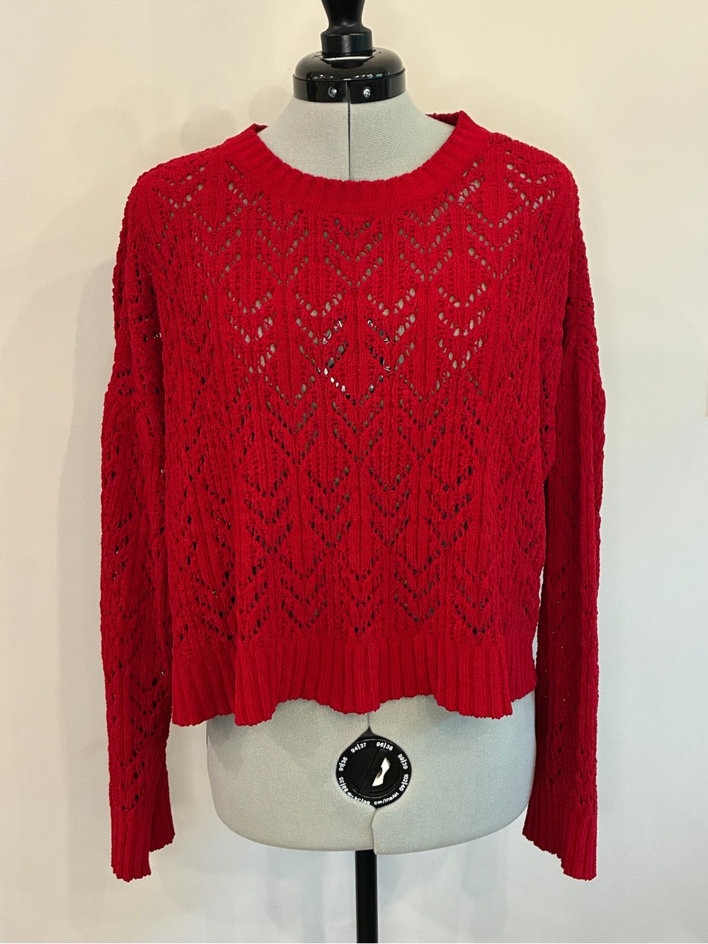 American Eagle Outfitters Red Open-Weave Crewneck Sweater 0354